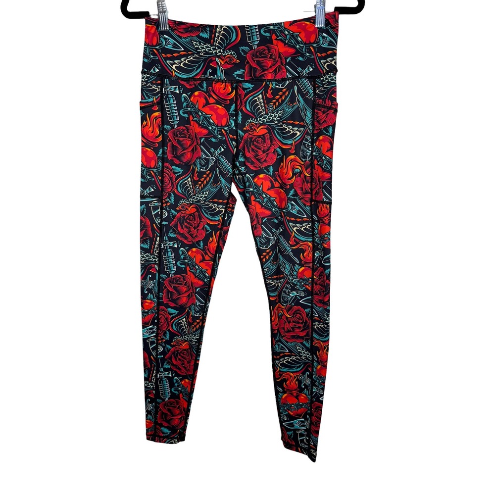 Constantly Varied Gear CVG Tattoo Print Leggings Medium Roses Hearts Pockets